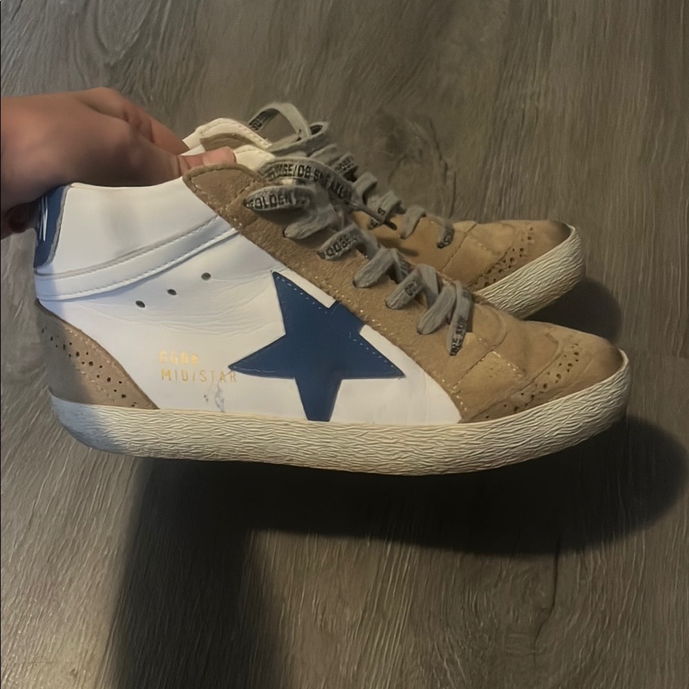 Golden Goose Mid Star Sneakers with Blue and Tan Accents